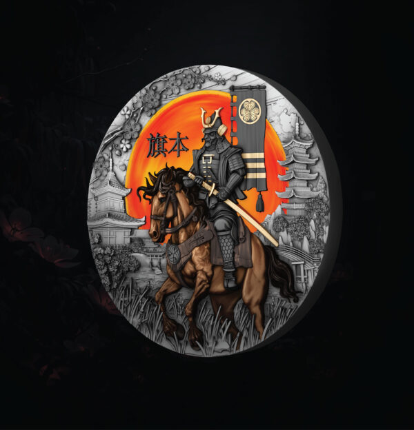 2025 Niue The Warrior’s Path Hatamoto 2 oz Silver Antiqued Colorized Coin featuring warrior on horseback with Japanese elements.