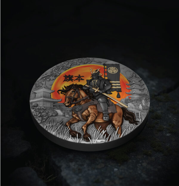 2025 Niue The Warrior’s Path Hatamoto 2 oz Silver Antiqued Colorized Coin featuring a mounted warrior in detailed background.