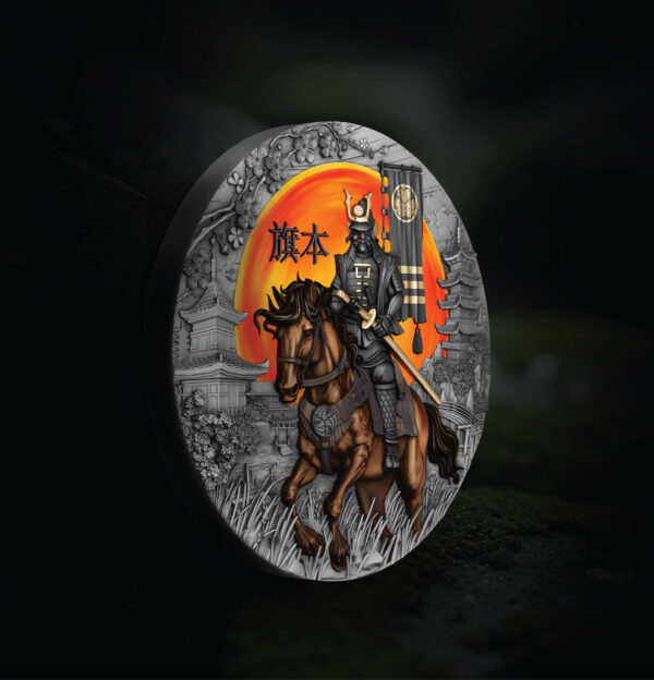 2025 Niue The Warrior’s Path Hatamoto 2 oz Silver Antiqued Colorized Coin featuring a warrior on horseback with orange background.