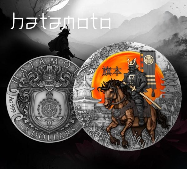 Two-sided view of 2025 Niue The Warrior’s Path Hatamoto 2 oz Silver Antiqued Colorized Coin featuring warrior on horseback and detailed reverse design.