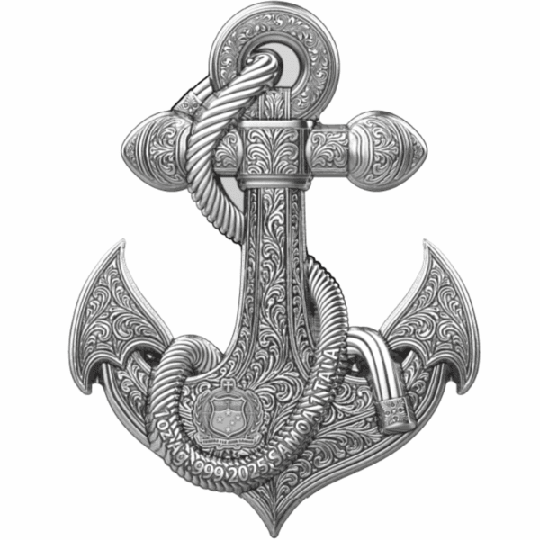 Ornate silver anchor with rope detail, featuring intricate swirling patterns and a shield emblem at the bottom; commemorates the year 2022 and is from Brazil.