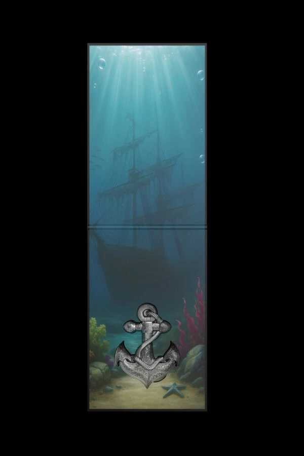 Silver collectible coin featuring an intricate anchor design at the bottom. The background shows an underwater scene with a shipwreck and marine life, evoking a nautical theme. The coin's detailed craftsmanship highlights maritime history and treasure motifs.
