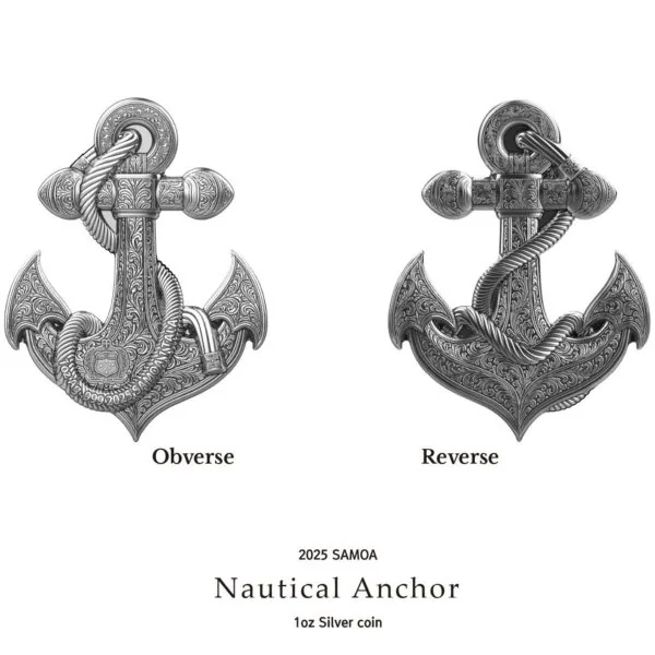 Intricately detailed 2025 Samoa Nautical Anchor 1oz silver coin with ornate engraving, showcasing an anchor on both obverse and reverse sides. Perfect for collectible coin enthusiasts.