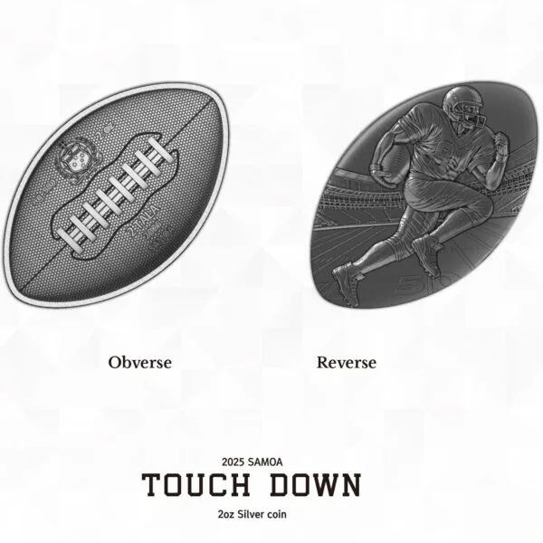 Shiny silver 2025 Samoa Touch Down football coin with engraved football and player design, 2 oz silver collectible coin.