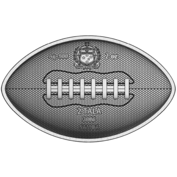 A silver Samoa commemorative coin shaped like an American football, featuring the year 2025, with intricate details and inscriptions including "2 TALA" and "SAMOA".