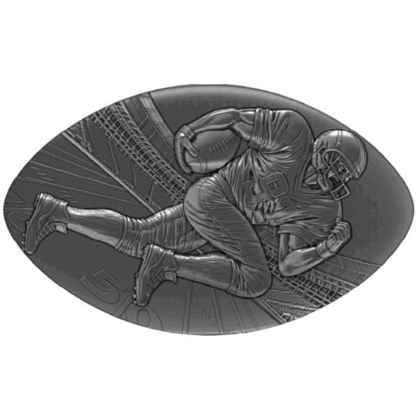 Silver football player coin featuring a dynamic athlete in action, wearing a helmet and uniform, with detailed background of a sports stadium.
