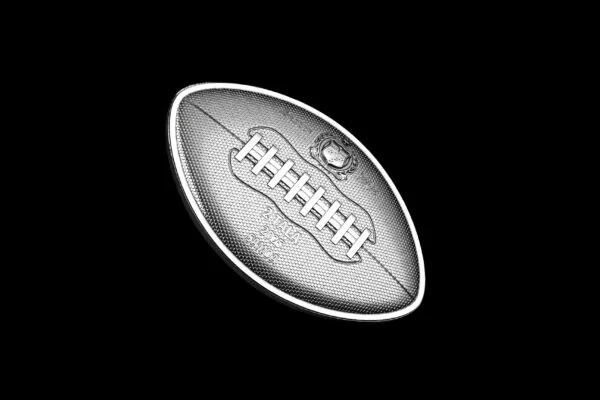 Shiny silver collectible football-shaped coin with "HHHH" text and intricate embossed details, perfect for sports memorabilia collectors.
