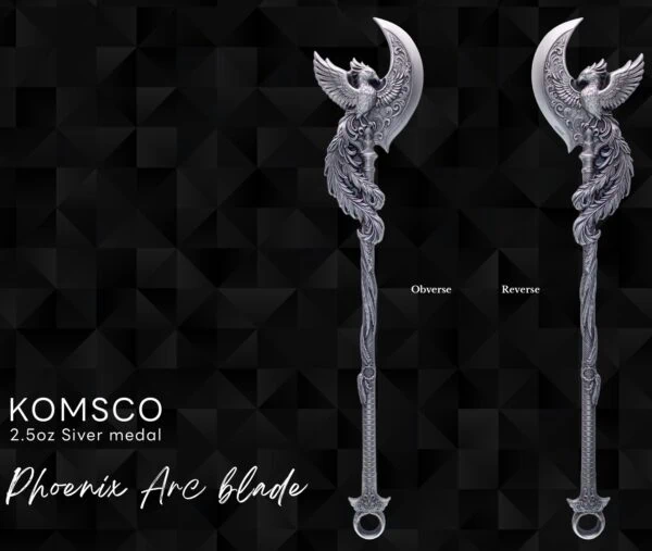 A collectible silver medal shaped like a phoenix arc blade with intricate feather and flame details, featuring obverse and reverse views, perfect for gaming or fantasy-themed collections.