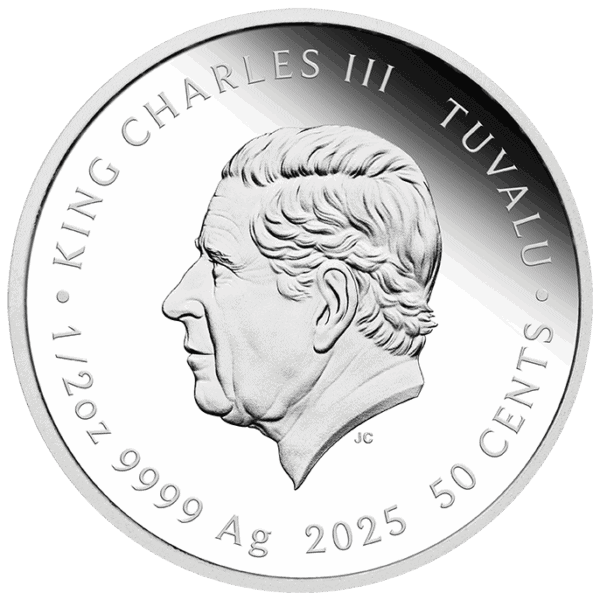 Reverse side of Toy Story 30th Anniversary silver coin featuring King Charles III profile with Tuvalu 2025 inscription.