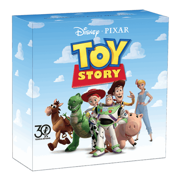 Toy Story 30th Anniversary collectible coin packaging featuring Woody, Buzz Lightyear, Jessie, Rex, Hamm, and Slinky Dog on a blue sky background.