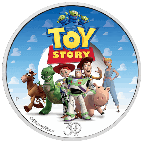 Toy Story 30th Anniversary silver proof coin featuring Woody, Buzz Lightyear, Jessie, Rex, Hamm, and Slinky Dog with colorful design.