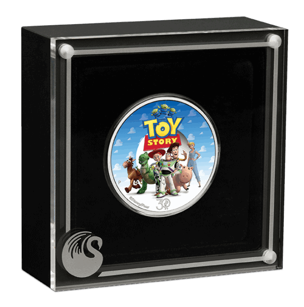 Toy Story 30th Anniversary silver proof coin displayed in an open presentation case