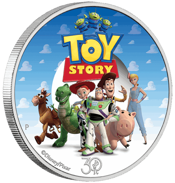 Side view of Toy Story 30th Anniversary silver proof coin featuring colorful character design and detailed edge.