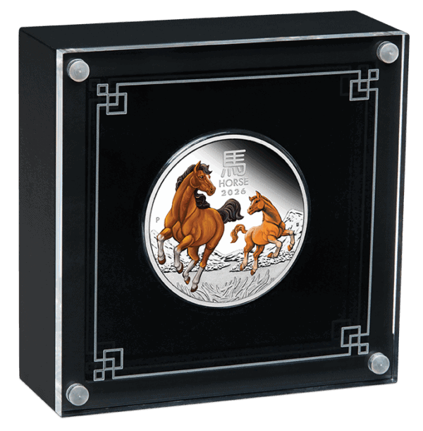 Open presentation box for 2026 Australia Lunar Year of the Horse 1oz silver colorized proof coin featuring galloping horses and Chinese zodiac symbol.