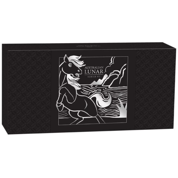 Product box for 2026 Australia Lunar Year of the Horse 3 x 1oz silver proof coin set featuring stylized horse illustration and zodiac branding.