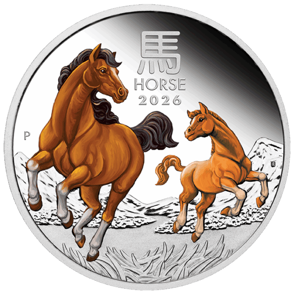 Color side of 2026 Australia Lunar Year of the Horse 1oz silver proof coin featuring galloping horses, Chinese zodiac symbol, and stylized landscape.
