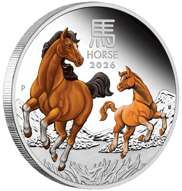 Color side of 2026 Australia Lunar Year of the Horse 1oz silver proof coin featuring two galloping horses and Chinese zodiac symbol.