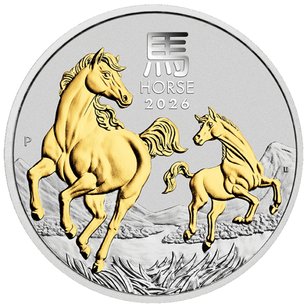 Side view of 2026 Australia Lunar Year of the Horse 1oz silver proof coin with gold-gilded horses and Chinese zodiac inscription.