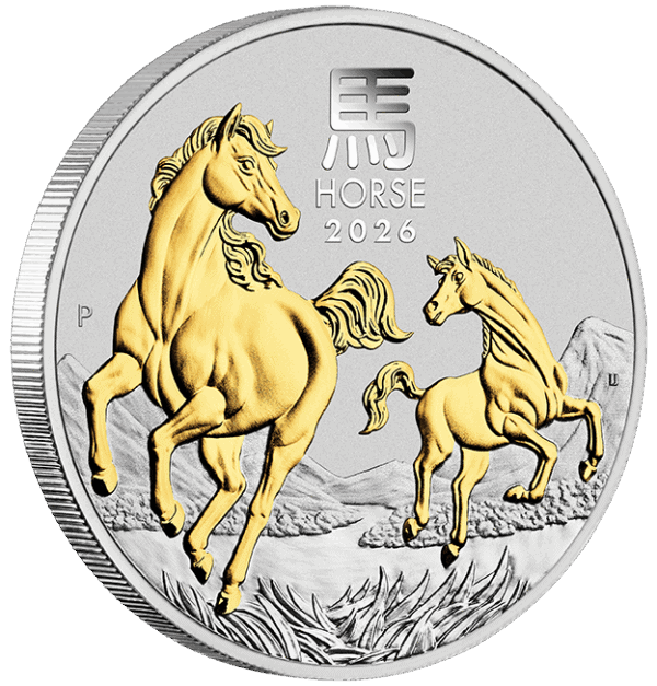 Side view of 2026 Australia Lunar Year of the Horse 1oz silver proof coin with gold-gilded horses and Chinese zodiac symbol.