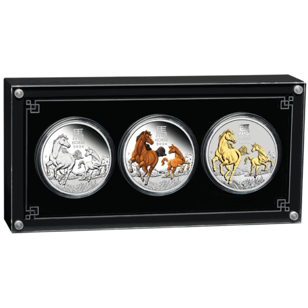 Open display of 2026 Australia Lunar Year of the Horse 3 x 1oz silver proof coin set featuring three horse-themed designs in black presentation case.