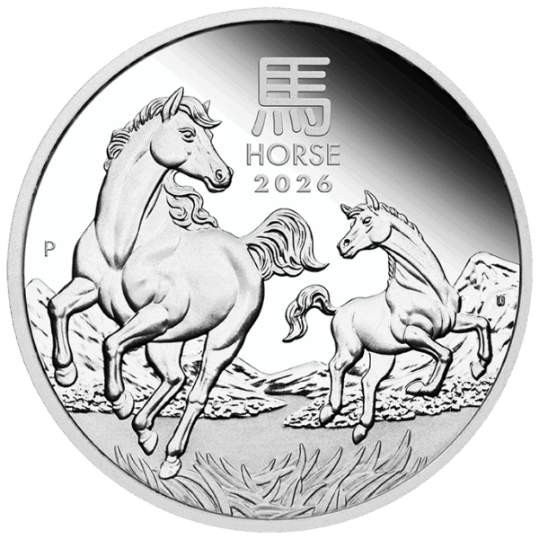 Proof side of 2026 Australia Lunar Year of the Horse 1oz silver coin featuring three galloping horses, Chinese zodiac symbol, and natural landscape.