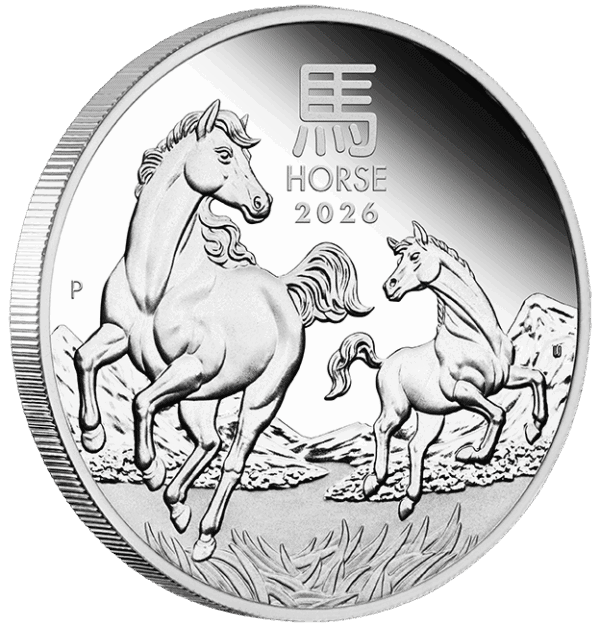 Proof side of 2026 Australia Lunar Year of the Horse 1oz silver coin featuring three galloping horses, Chinese zodiac symbol, and natural landscape.