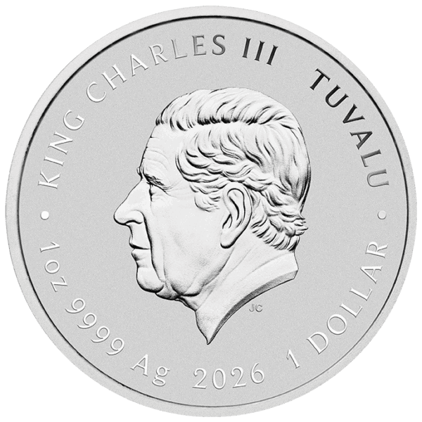 Reverse of 2026 Tuvalu Stranger Things The Upside Down 1oz silver colorized coin featuring King Charles III profile and silver specifications.