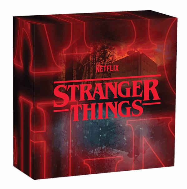 Product box for 2026 Tuvalu Stranger Things The Upside Down 1oz silver colorized coin featuring eerie red-black design and Netflix branding.