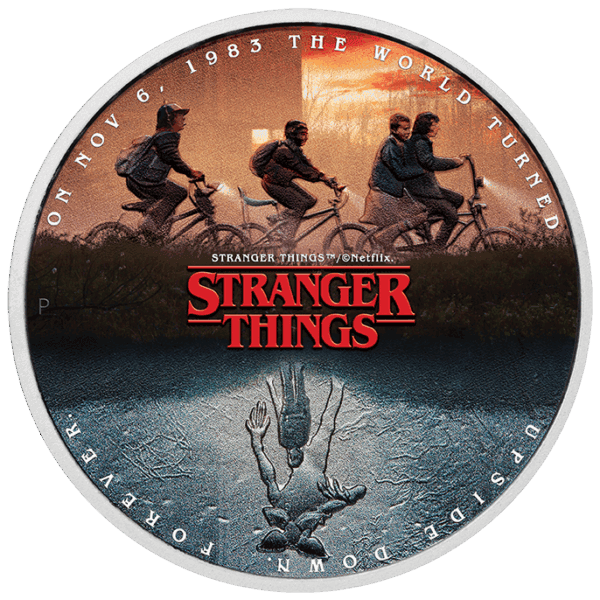 Front view of 2026 Tuvalu Stranger Things The Upside Down 1oz silver colorized coin featuring mirrored scenes of Hawkins and the Upside Down with Netflix branding.