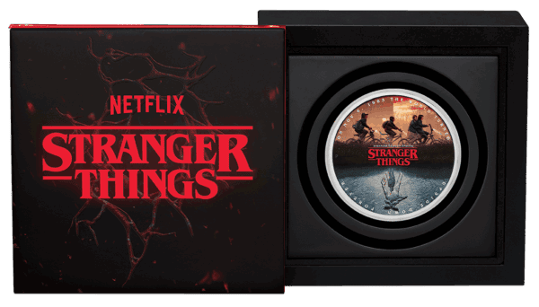 Open display box for 2026 Tuvalu Stranger Things The Upside Down 1oz silver colorized coin featuring Netflix branding and eerie design.