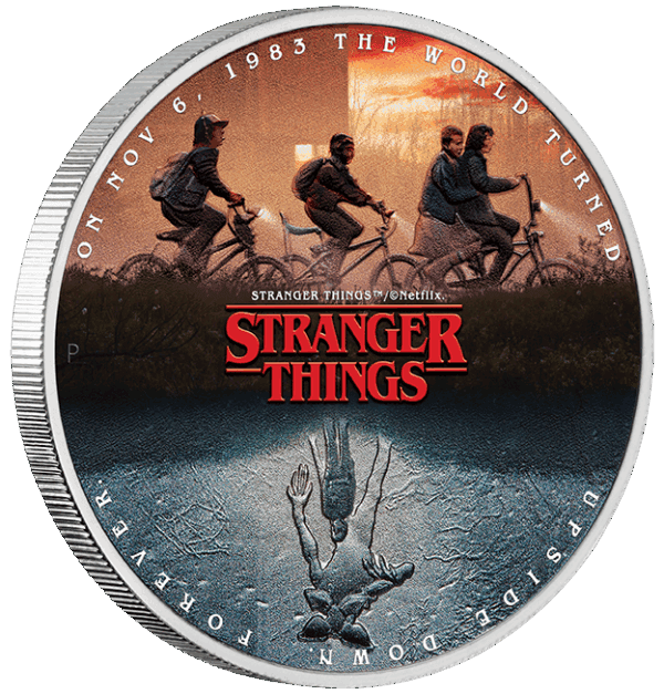 Side view of 2026 Tuvalu Stranger Things The Upside Down 1oz silver colorized coin featuring mirrored scenes of Hawkins and the Upside Down.