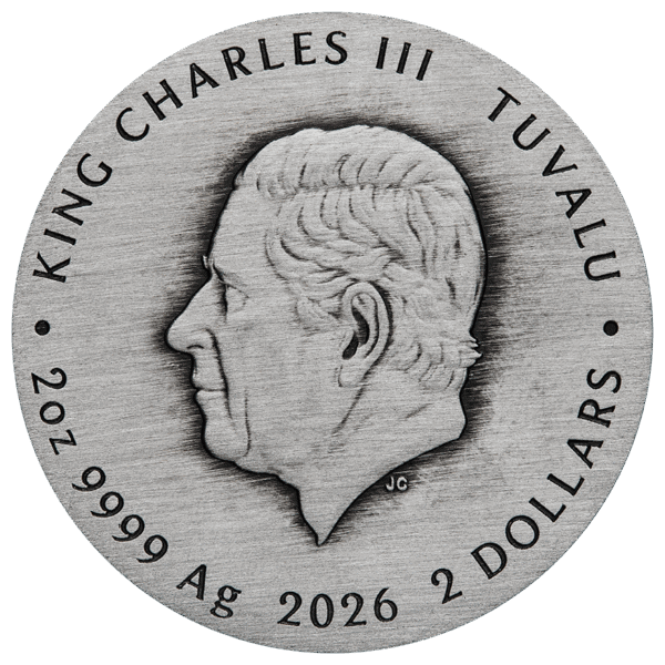 Reverse of 2026 Tuvalu Stranger Things Villains 2oz silver colorized antiqued coin featuring King Charles III profile and silver specifications.