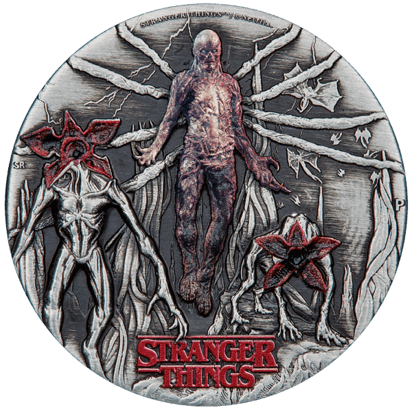 Front view of 2026 Tuvalu Stranger Things Villains 2oz silver colorized antiqued coin featuring Vecna, Demogorgon, and supernatural design elements.