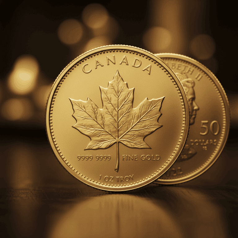 A close-up of a Canadian Gold Maple Leaf coin, showing the iconic maple leaf design.