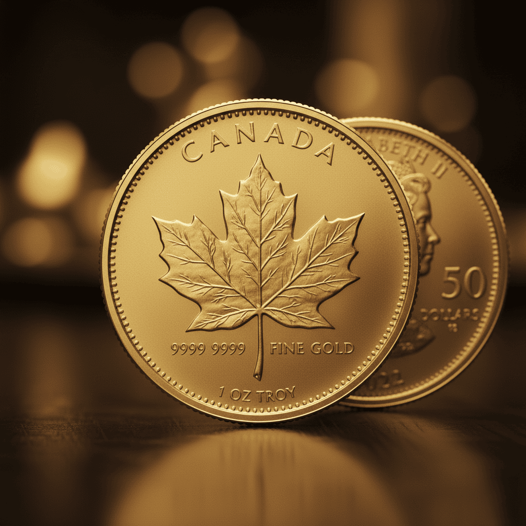 A close-up of a Canadian Gold Maple Leaf coin, showing the iconic maple leaf design.