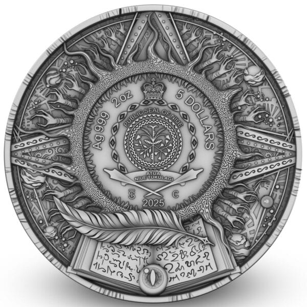 A coin featuring a detailed, circular relief design of celestial and symbolic elements, including a central circular crest, an open book, and feathers.