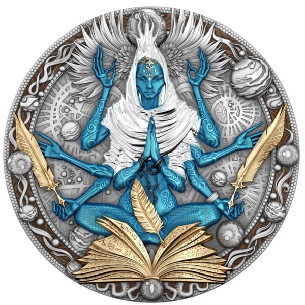 A coin featuring a multi-armed blue figure with a white shawl sitting on an open book, with gilded arms, feathers, and a book. The background is a detailed silver relief.