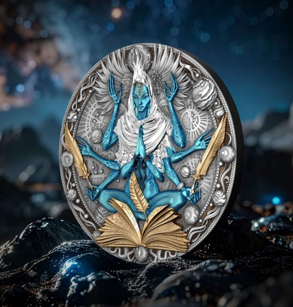A coin featuring a multi-armed blue figure with gilded elements, including an open book and feathers, presented on a dark, textured background under a starry sky. The coin is slightly turned to the right.