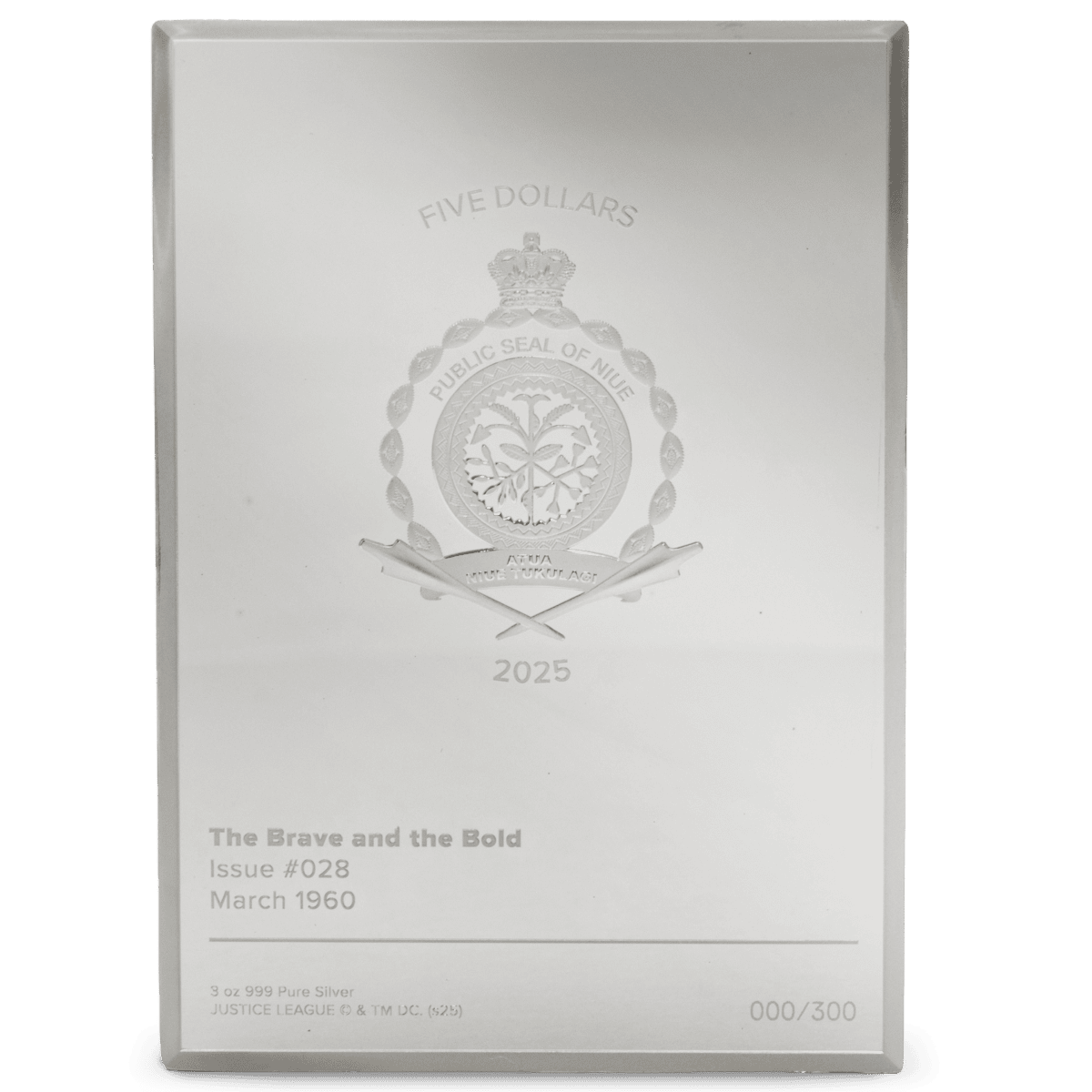 Reverse side of the 2025 Niue DC Comics 90th Anniversary "The Brave and the Bold #28" 3-ounce silver proof coin. The coin's back features the official Niue crest, the year "2025," and the coin's title and issue details.