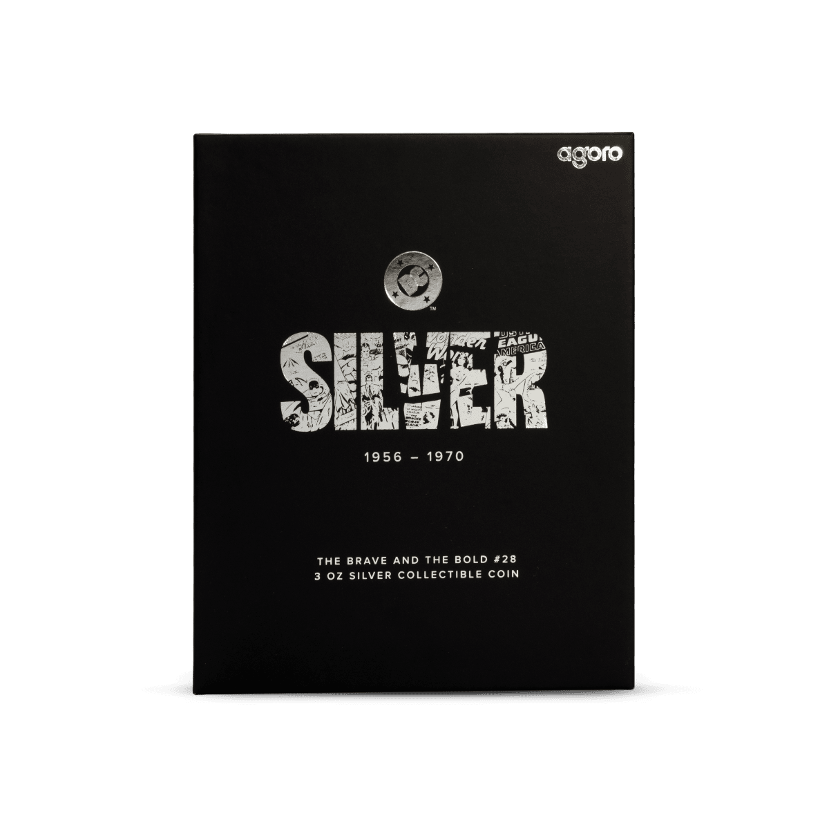Front view of the black coin presentation box for the 2025 Niue DC Comics 90th Anniversary "The Brave and the Bold #28" 3-ounce silver proof coin. The box features the word "SILVER" and the coin's title printed on the front.