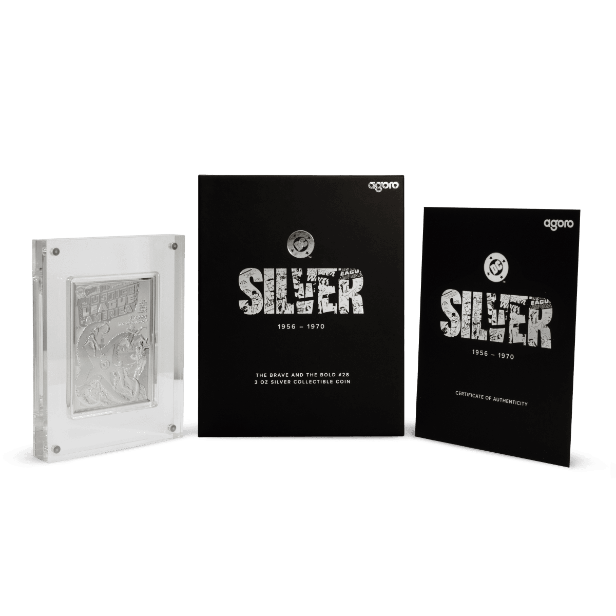 An open presentation box for the 2025 Niue DC Comics 90th Anniversary "The Brave and the Bold #28" 3-ounce silver proof coin, revealing the coin in its clear acrylic display block next to the box