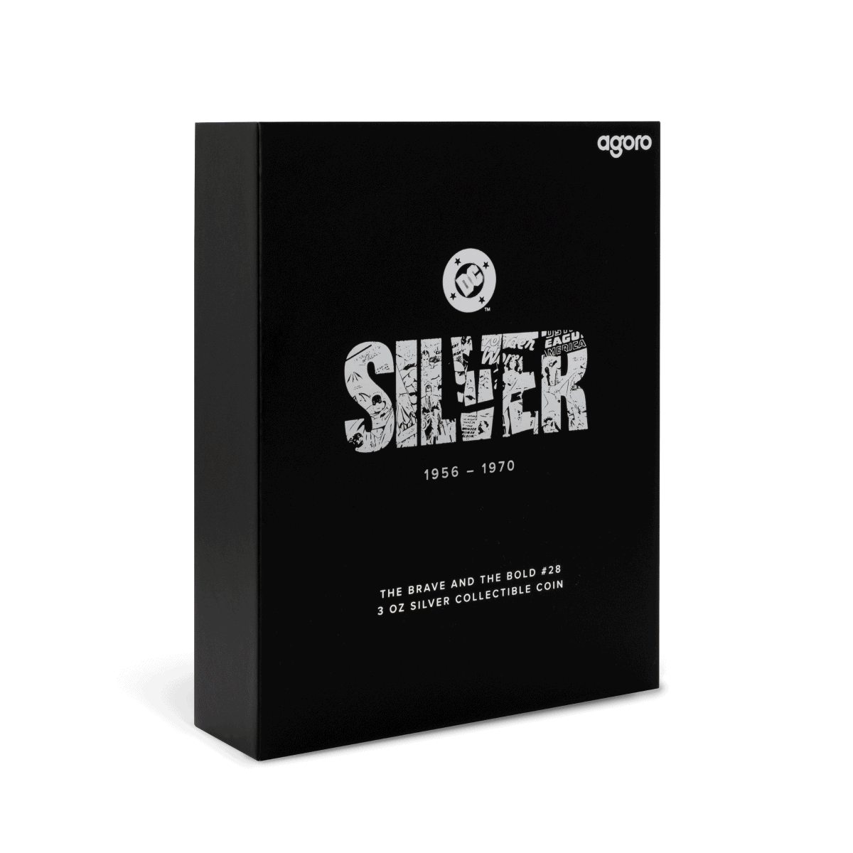 Angled view of the black presentation box for the 2025 Niue DC Comics 90th Anniversary "The Brave and the Bold #28" 3-ounce silver proof coin. The front and side of the box are visible.