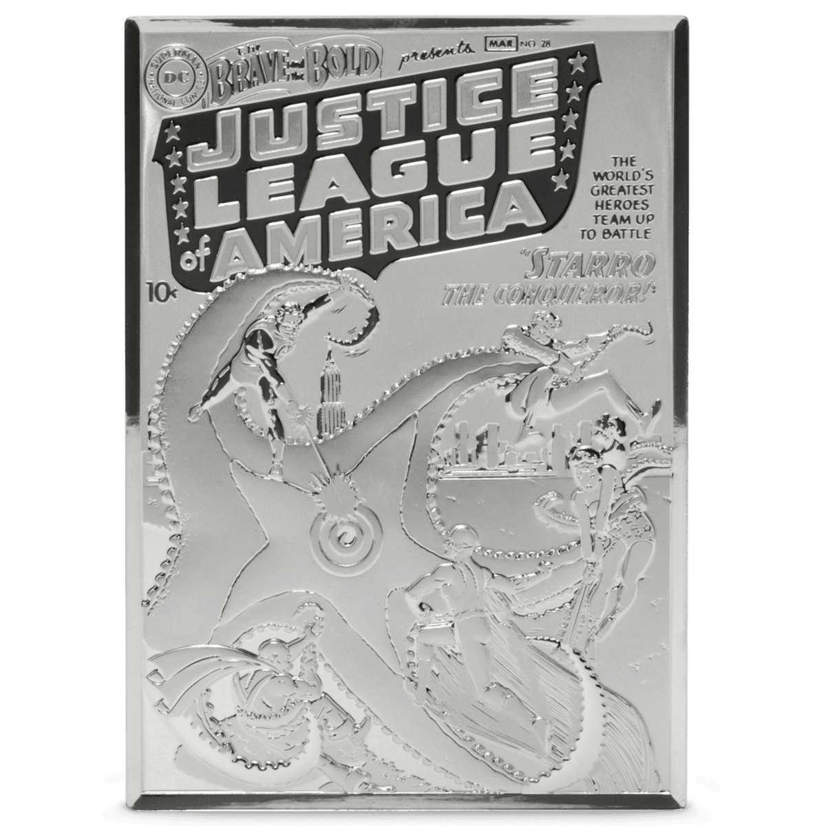 Front view of the 2025 Niue DC Comics 90th Anniversary "The Brave and the Bold #28" 3-ounce silver proof coin, showing a detailed, sculpted replica of the comic book cover featuring the Justice League of America