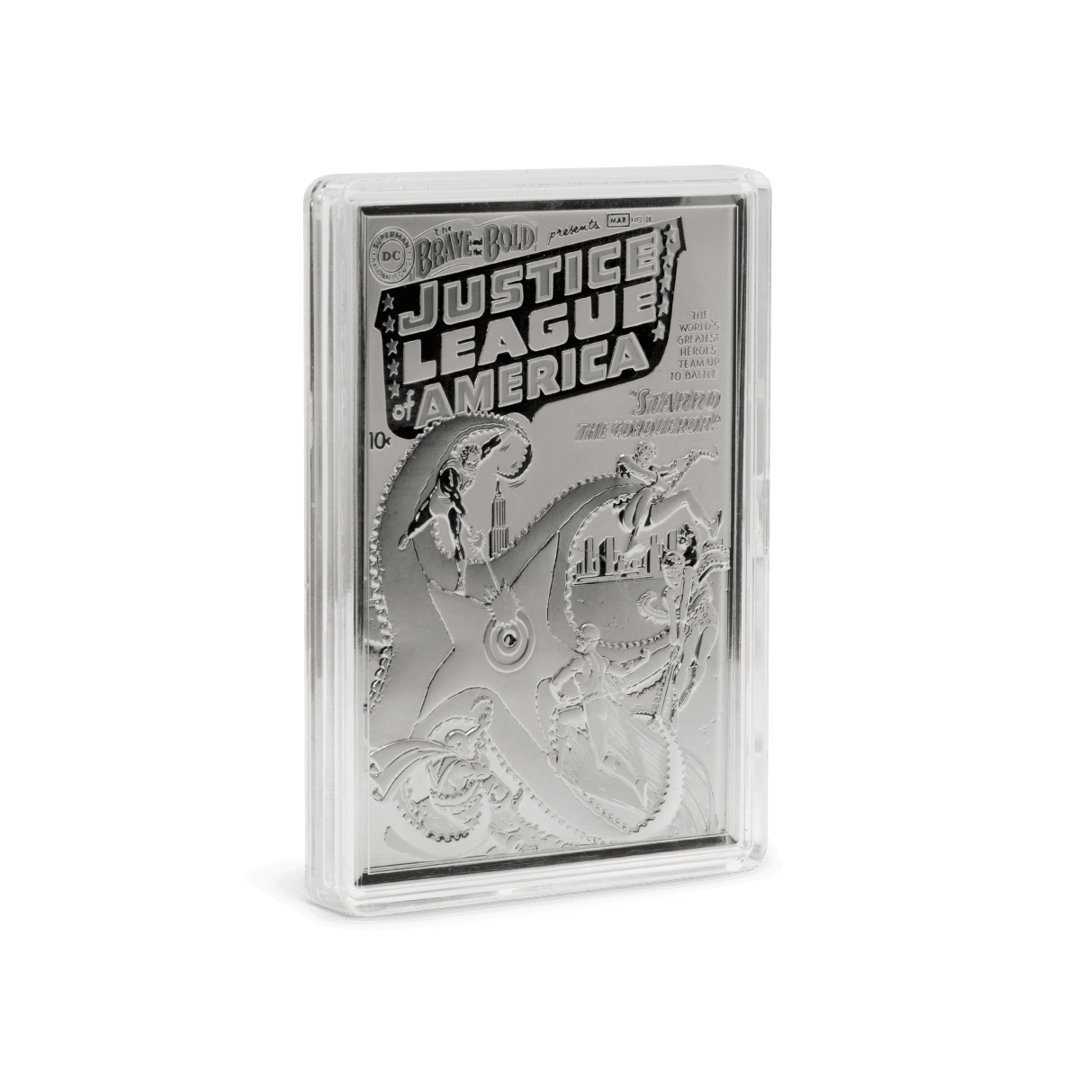 Left-side view of the 2025 Niue DC Comics 90th Anniversary "The Brave and the Bold #28" 3-ounce silver proof coin, enclosed in a protective clear acrylic capsule.