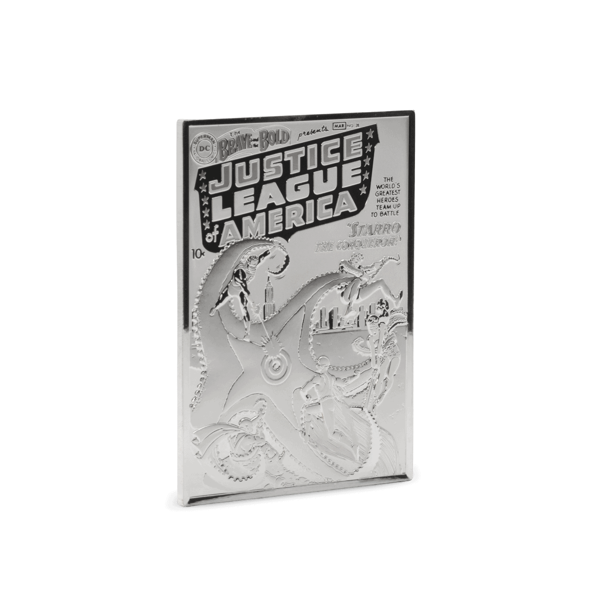 Left-side view of the 2025 Niue DC Comics 90th Anniversary "The Brave and the Bold #28" 3-ounce silver proof coin. The coin is angled to show the sculpted depth of the comic book cover design.