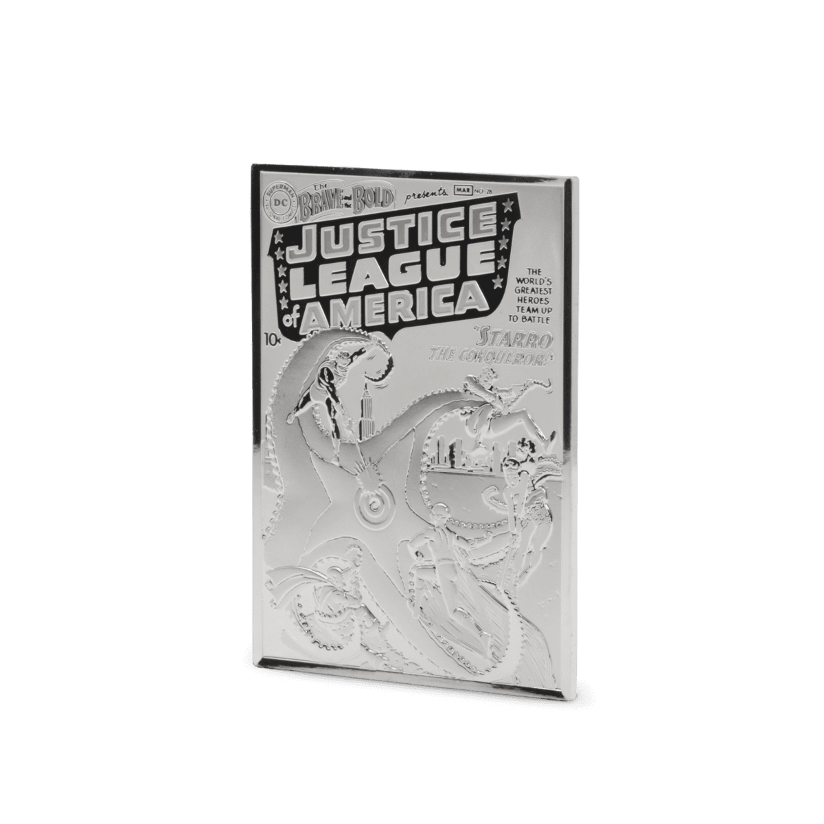 Right-side view of the 2025 Niue DC Comics 90th Anniversary "The Brave and the Bold #28" 3-ounce silver proof coin. The coin is shown on a slight angle, highlighting the sculpted depth and details of the comic book cover design.