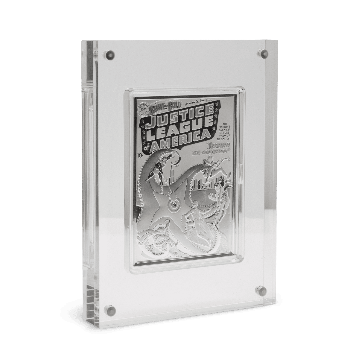 Angled view of the 2025 Niue DC Comics 90th Anniversary "The Brave and the Bold #28" 3-ounce silver proof coin presented in its rectangular acrylic display block.