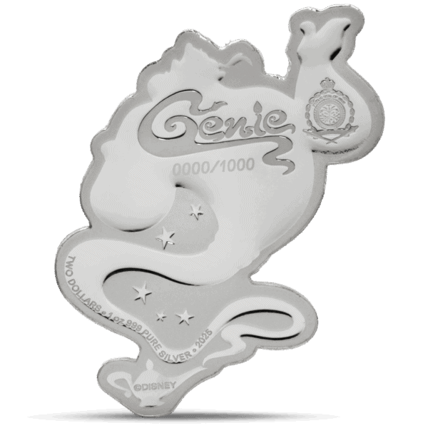 A silver image of the Genie from Disney's Aladdin, with his arms crossed and a tail of smoke curling below him. The coin is shaped to the Genie's outline and is the back of a 1-ounce silver proof coin.