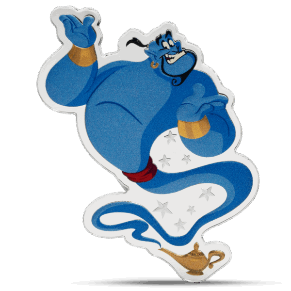 A colorized image of the Genie from Disney's Aladdin, with one arm raised in a cheerful wave and a mischievous smile on his face. He is emerging from his lamp, which is positioned at the bottom of the image. The image is a 1-ounce colorized silver proof coin.