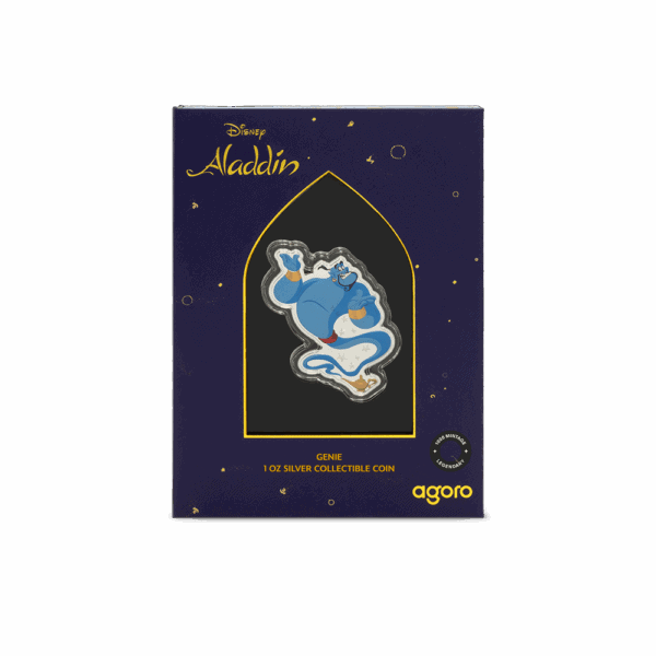 A dark blue rectangular box with gold lettering and a gold outline of a Moroccan arch. Inside the arch is the colorized Genie coin, visible through a clear window.